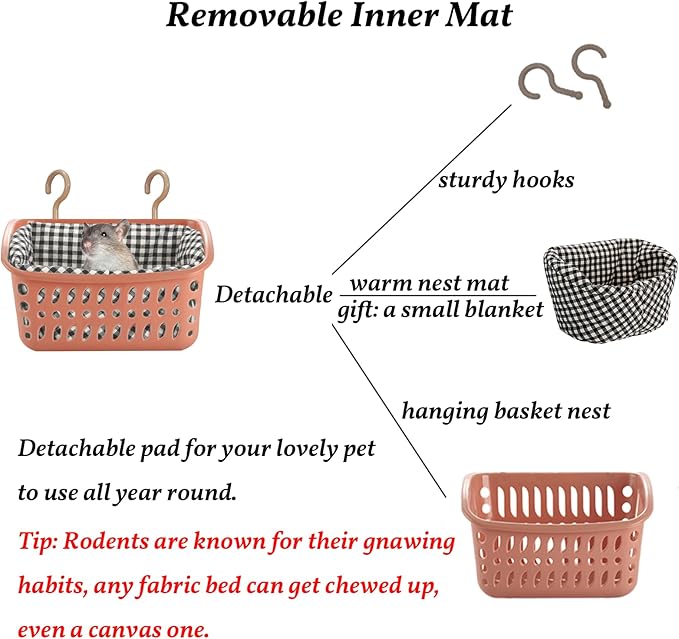 JWShang Rat Hammock for Cage - Chew Proof Warm Bed, Hanging Accessory for Small Animals, Mouse, Guinea Pig, Chinchilla, Sugar Glider (Small, Pink)-Mewly Pet