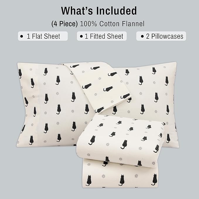RUVANTI Flannel Sheets Split King Size - 100% Cotton Brushed Split King Bed Sheets Set, Deep Pockets 16 Inches, All Seasons Breathable & Extra Soft, Warm & Cozy, 5 Piece, Black Cat