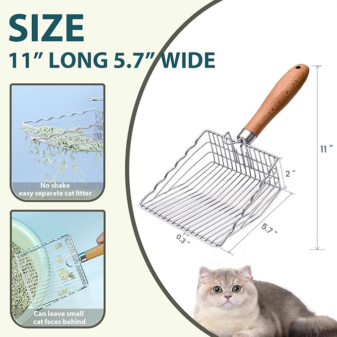 Cat Litter Scoop, Kitty Metal Scooper with Hook and Hole, Stainless Steel Kitten Poop Lifter for Litter Box, Non Stick, Durable and Heavy Duty Sifter for Easy Clean-Mewly Pet