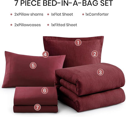 Monbix Full Size Comforter Sets Red, Cationic Dyeing Reversible Bedding Set 7 Pieces, All Season Bed in a Bag with Sheets, Pillowcases & Shams