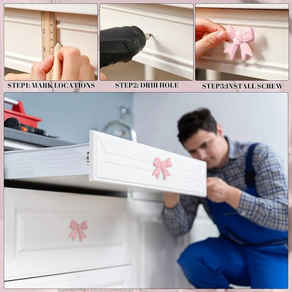 12 Pcs Bow Knobs for Dresser Matel Bow Drawer Knobs Vintage Dresser Handles Cabinet Drawer Pulls for Home Bedroom Kitchen Cabinets Hardware Cupboard (Pink,Fashion Style)