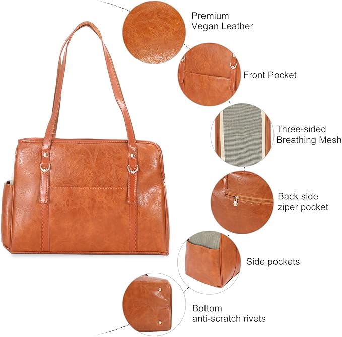 Dog Carrier Purse, Fashion Leather Pet Carrier with Pockets, Airline Approved Soft Sided Dog Carrying Bag for Puppy Cat Dog Brown-Mewly Pet