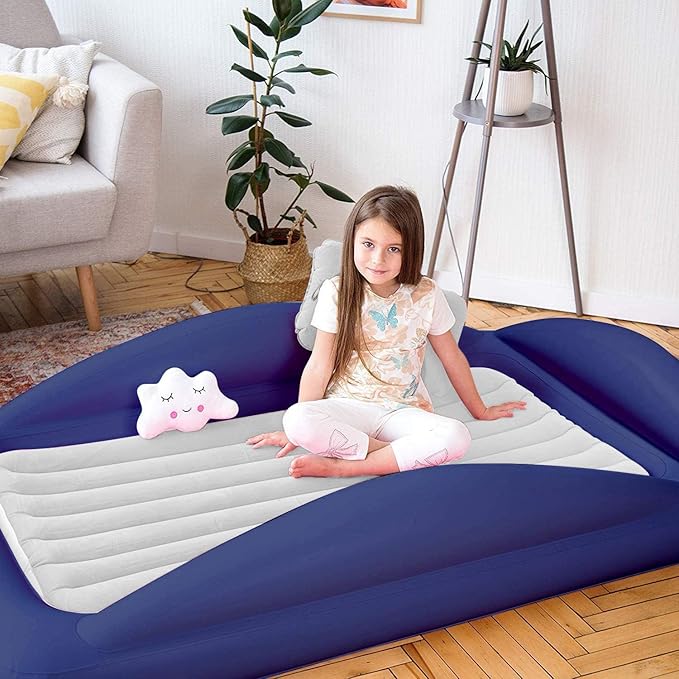Sleepah Inflatable Toddler Travel Bed Portable Kids Air Mattress Set w Safety Rail Guards for Kids & Toddlers – Includes Pump, Carry Case, Pillow & More - Perfect Transitional Cot Coral (Grey)