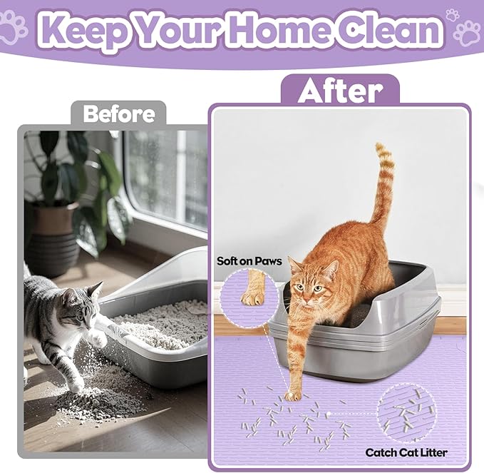 Cat Litter Mat, Extra Large 40" x 28" Silicone Mat Litter Trapping Mat for Scatter Control, Soft on Kitty Paws, Easy to Clean (Purple)-Mewly Pet
