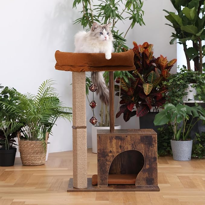 FUKUMARU Cat Scratching Post, Modern Style Cat Tree with Unique Square Post, Wooden Cat Tower with silvervine Balls, Retro Cat Condo Scratcher for Indoor Cats（Solid Wood）-Mewly Pet