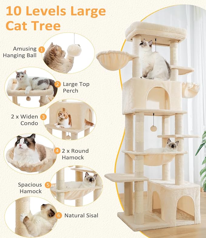 Cat Tree Large Cat Tower Tree 68" Multi-Level Cat Tower for Indoor Cats with Sisal Scratching Posts, Widen Cat Perche, Square Hammock, 2 Widen Condos, Scratching Posts, Beige-Mewly Pet