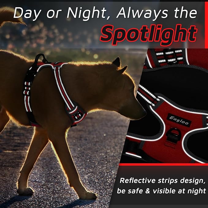 Eagloo Dog Harness Large Breed, No Pull Service Vest with Reflective Strips and Control Handle, Adjustable and Comfortable for Walking, No Choke Pet Harness with 2 Metal Rings, Red, XL-Mewly Pet