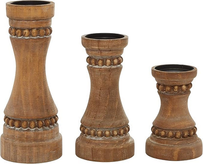 Deco 79 Wood Beaded Pillar Candle Holder, Set of 3 12", 9", 7"H, Brown