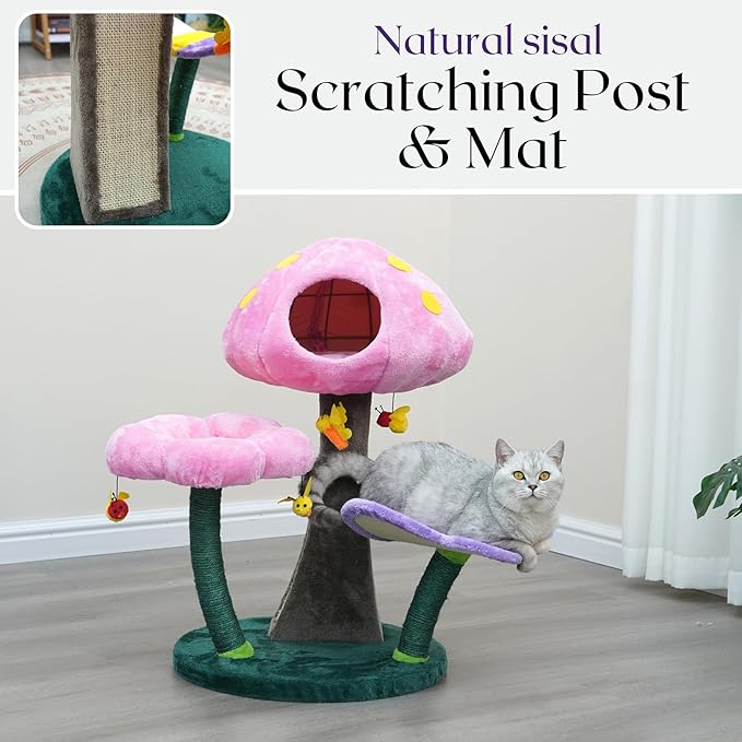 Catry® Wonderland 3-Level 31" Cat Tree with Mushroom Condo, Flower Perch, Sisal Scratching Pad, Parts Replaceable, Garden Style with Bee Toys. Multi- Color-Mewly Pet