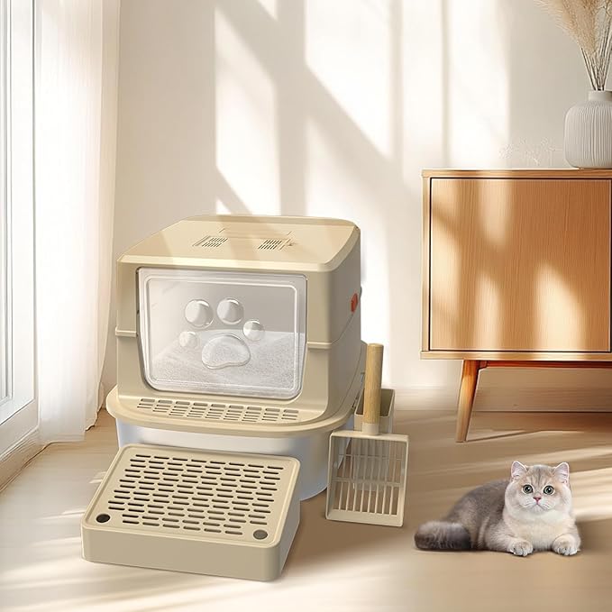 Stainless Steel Cat Litter Box with Lid, 3 in 1 Removable Litter Box for Big/Multiple Cats, High Sides Kitty Litter Pan, Leak-Proof XL Extra Large Enclosed Metal Litter Pan Easy Clean with Scoop & Mat-Mewly Pet