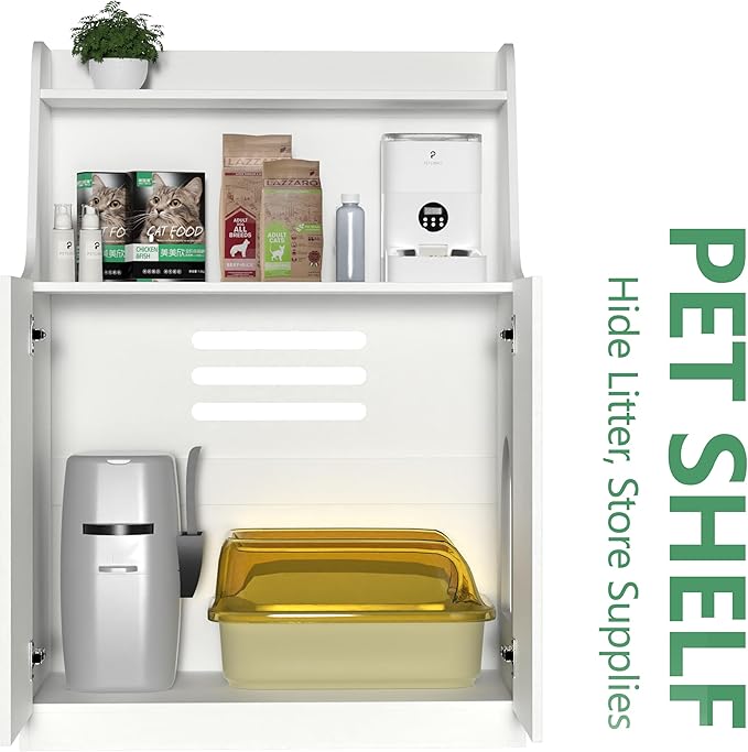 Large/Tall Litter Box Enclosure, Modern Wooden Litter Box Furniture for XL Litterbox with Open Shelf as Sideboard Cabinet (White)-Mewly Pet
