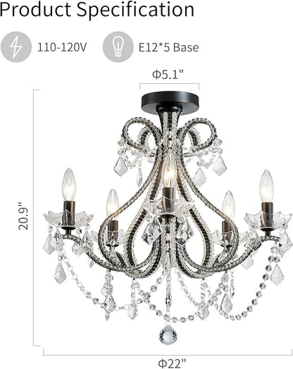 WUZUPS 5-Light Crystal Candle Chandelier Flushmount Ceiling Light Modern Lighting Fixture for Bedroom Hallway Bar Kitchen Bathroom, H 20.9" W 22", E12 Base, Black