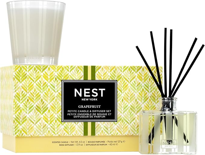NEST New York Scented Petite Candle (4.5 oz) & Diffuser (1.3 fl oz) Set, Grapefruit - Reusable Glass Vessel - Vegan, Cruelty Free