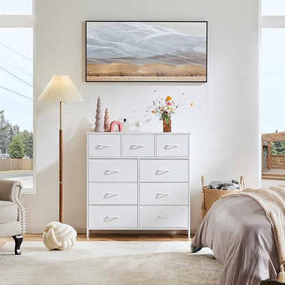 OLIXIS Dresser for Bedroom, 9 Storage Drawers, Wide Fabric Closet Chests Organizer Tower Furniture, TV Stand with Wooden Top Metal Frame for Clothes, Living Room, Hallway, Entryway, Classic White