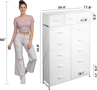 WLIVE Storage Organizer Unit with 13 Fabric Bins, Storage Drawers Organizer with Steel Frame, Tall Storage Tower Organizaton for Living Room, Hallway, Office, White