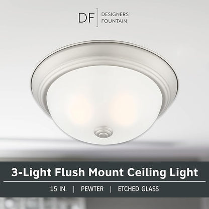 DESIGNERS FOUNTAIN Reedley 3-Lights Flush Mount Ceiling Light, 15 Inch Lighting Fixture for Kitchen, Bedroom, Bathroom, and Hallway, Pewter with Etched Glass, 1257L-PW-W