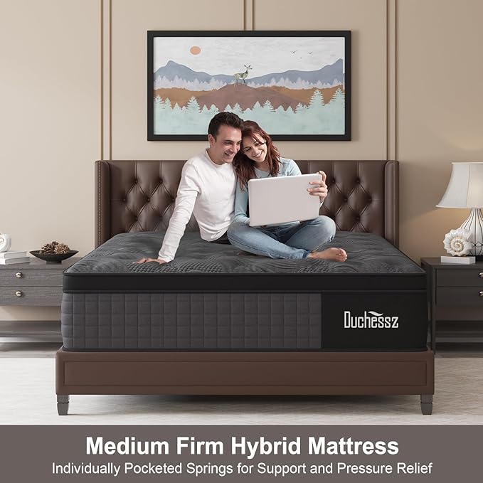 Queen Mattress, 14 Inch Hybrid Mattresses Black with Gel Memory Foam and Individually Pocket Innerspring Euro Top Medium Firm for Motion Isolation, Edge Support, 100 Night Trial