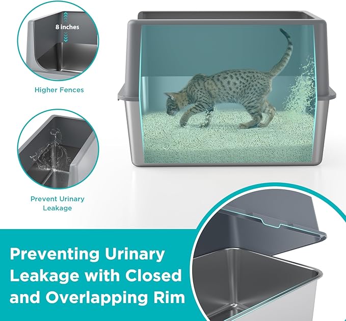 LIHONG Stainless Steel Litter Box with Lid, XL Metal Cat Box for Indoor Cats, Enclosure Cat Litter Pan for Large Cats, Non-Sticky Large Kitty Litter Box, Anti-Leakage, 23.5" X 15.5" X 16"-Mewly Pet