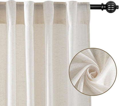 RYB HOME Sheer Curtains 108 inches Long Linen Blend Vertical Extra Long High Ceiling Window Drapes for Living Room, Office, Nursery, Rod Pocket & Back Tab, Ivory, W 52 x L 108 inch, Set of 2