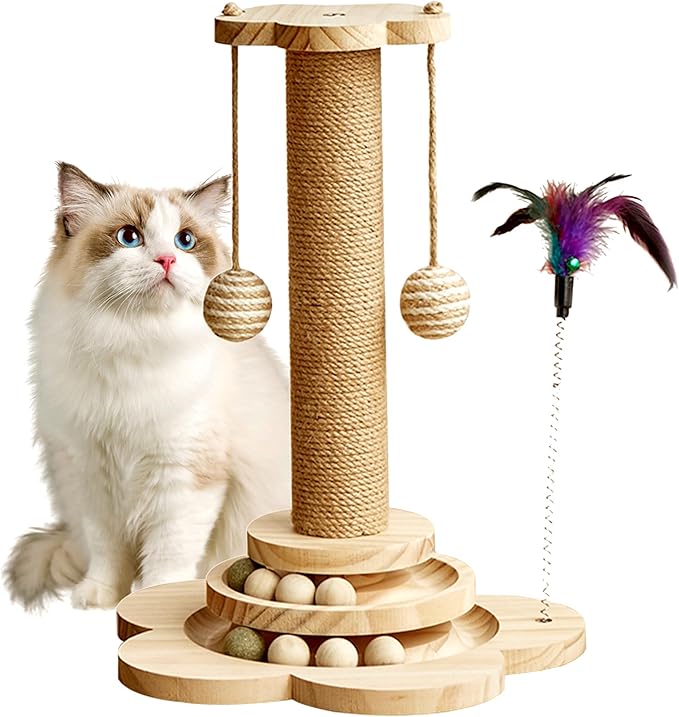 Cat Scratching Post, 4 in 1 Wooden Cat Scratcher Toy, 17.7" Tall Scratch Post with 2 Level Cat Track Balls, Interactive Feather Toy and 2 Sisal Hanging Balls for Indoor Kittens, Adult Cats-Mewly Pet