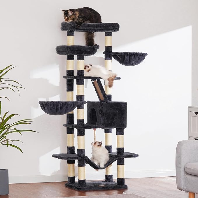 Heybly Cat Tree, 68 inch Multi-Level Cat Tower for Indoor Cats, 2 Widened Plush Perches Cat Condo with Scratching Board and Big Caves, Smoky Gray HCT025G-Mewly Pet