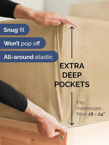 Extra Deep Twin XL Sheet Set - 4 Piece Breathable & Cooling Sheets - Hotel Luxury Bed Sheets Set - Easy Fit - Soft, Wrinkle Free & Comfy Sheets Set - Heathered Tan Sheet Set with Extra Deep Pockets