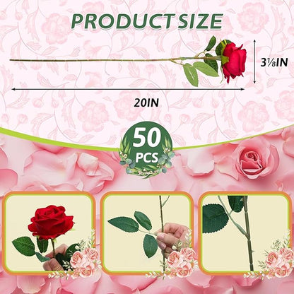 100 PCS Fake Red Roses, Artificial Red Flowers Bulk Realistic Silk Faux Rose with Stems for Wedding Decoration Anniversary Bridal Bouquet DIY Floral Arrangement Romantic Home Decor Gifts