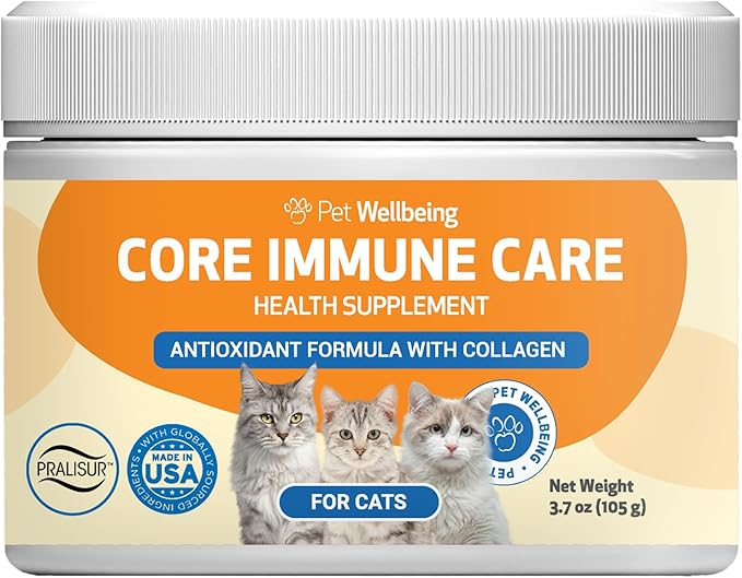 Pet Wellbeing Core Immune Care for Cats of All Ages - Daily Antioxidants, Immune Support, Collagen, Glutathione, Vitamin E - Veterinarian-Formulated Holistic Supplement 3.7 oz (105 g) Powder-Mewly Pet