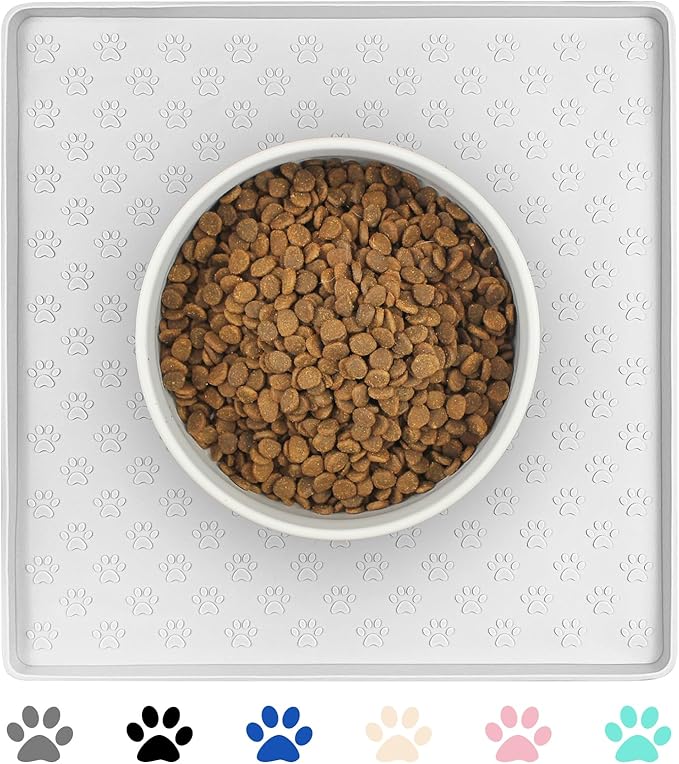 Ptlom Pet Placemat for Dog and Cat, Waterproof Silicone Pet Feeding Bowl Mats for Food and Water, Small Medium Large Dogs Mat Prevent Residues from Spilling to Floor, White, 11.8"x11.8"-Mewly Pet