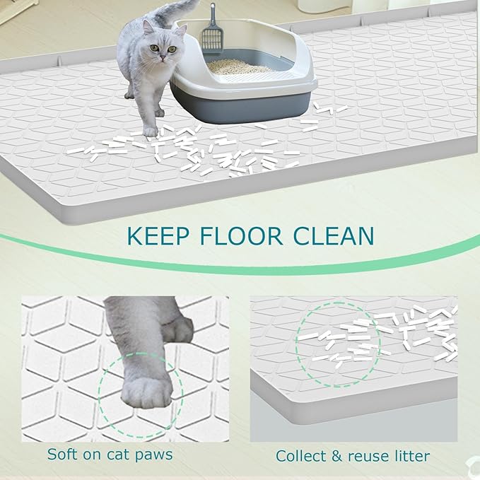 Cat Litter Mat for Litter Box, Silicone Large Cat Litter Trapping Mat - 28x22 in, Waterproof & Non-Slip, Durable & Easy Clean, Light Gray-Mewly Pet