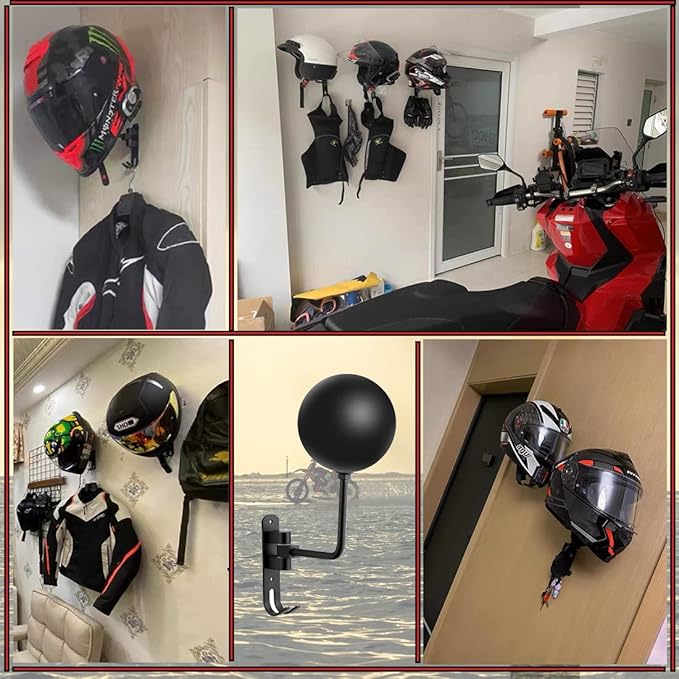 SANGMO 180° Motorcycle Helmet Rack, 4 Pack Rotation Metal Helmet Holder Wall Mount, Helmet Holder Bike with 2 Hooks Helmet Hanger for Motorcycle Bike Coats, Caps, Baseballs, Rugby Helmet (Black)