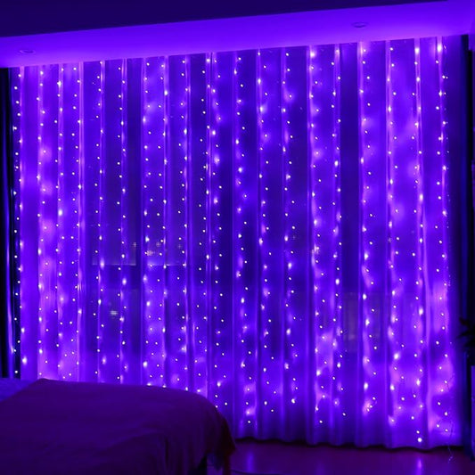 HXWEIYE 300LED Fairy Curtain Lights, 9.8x9.8Ft USB Plug-in 8 Modes Christmas String Hanging Lights with Remote for Bedroom Backdrop Wedding Party Indoor Wall Decor, Purple, Standard