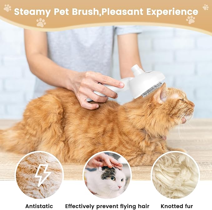 Cat Steam Brush, 3 In 1 Steamy Cat Brush with Release Button and Tank, Anti-Static Pet Spray Hair Removal Comb, Rechargeable Dog Steam Comb for Furry Pet-Mewly Pet