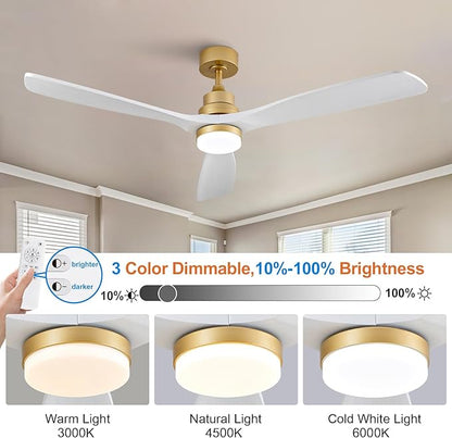 BOJUE 60 Inch Wood Ceiling Fans with Lights and Remote, White Gold Outdoor Ceiling Fan with Light, Dimmable 3 Blades Outdoor Fans for Patios Noiseless Modern Ceiling Fans for Bedroom Living Room
