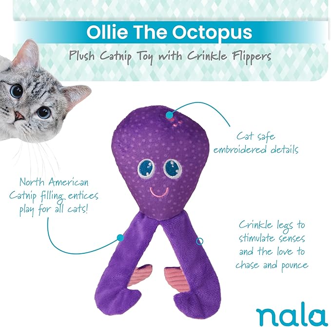 Caitec Presents Nala Cat Ollie The Octopus - Catnip Toy - Interactive Cat Toy - Chew Toy - Pillow Toy, 2 Pack-Mewly Pet