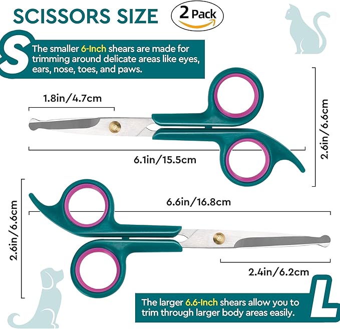 Professional Dog and Cat Grooming Scissors, Pet Grooming Shears, Sharp Stainless Steel Blade With Round Tips - Safety Fur Trimming for Dogs, Cats (Set of 2)-Mewly Pet