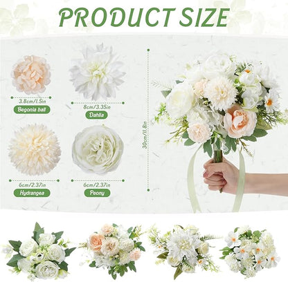 Zeyune 12 Bundles Artificial Peonies Flowers Artificial Silk Rose Faux Dahlia Fake Chamomile Hydrangea Bouquet Bulk for Vase Home Wedding Centerpiece Party Decoration(Cream White,Classic)