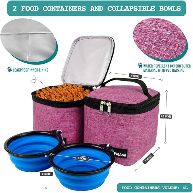 PetAmi Dog Travel Bag Backpack, Airline Approved Dog Bags for Traveling, Puppy Diaper Bag Supplies, Pet Camping Essentials Hiking Accessories Dog Mom Gift, Food Container, Collapsible Bowls, Pink-Mewly Pet