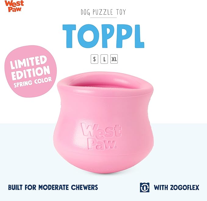 WEST PAW Zogoflex Limited Edition Toppl Treat Dispensing Dog Toy Puzzle – Interactive Chew Toys for Dogs – Dog Toy for Moderate Chewers, Fetch, Catch – Holds Kibble, Treats, X-Large 4.75", Bubblegum-Mewly Pet