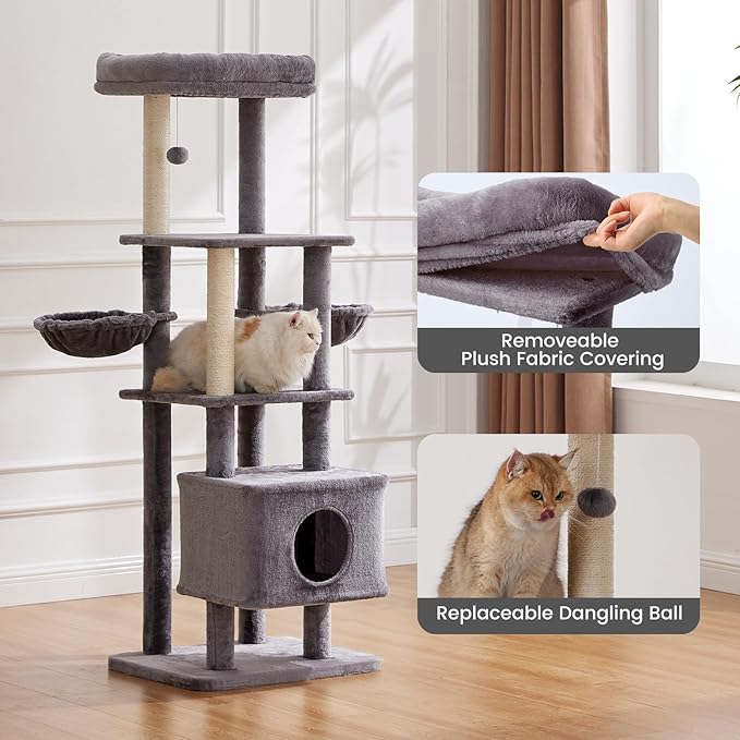 Gardner Pet 65in Heavy Duty Cat Tree Tower for Large Cats, Multi-Level Cat Furniture with Replaceable Sisal Scratching Post, Hammock | Extra-Large Platform & Condo (Grey)-Mewly Pet