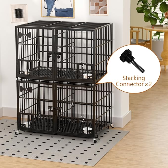 aboxoo 42 inch Stackable Heavy Duty Metal Dog Crate for 4 Dogs/Large Dog,All Metal Open Top Access,Escape Proof Cage,Dog Kennel Indoor with Wheels,Floor Grid, Tray, Divider and Feeding Bowl-Mewly Pet