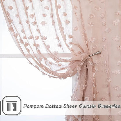 MYSKY HOME Pom Pom Pink Sheer Curtains for Bedroom Girls Room Dusty Rose Curtains for Nursery Kids Light Filtering Boho Window Drapes, Rod Pocket, 52 x 95 Inches, 2 Panels