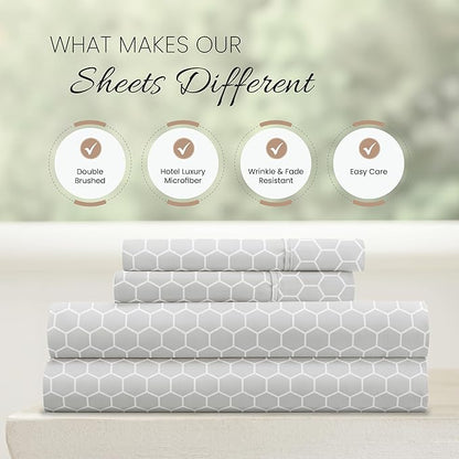 Linen Market Double-Brushed Patterned Microfiber Queen Sheet Set 4 Piece – Oeko-TEX Certified Ultra Soft & Wrinkle-Free - 16" Deep Pocket Sheets - Easy Care Queen Size - Honeycomb Light Gray