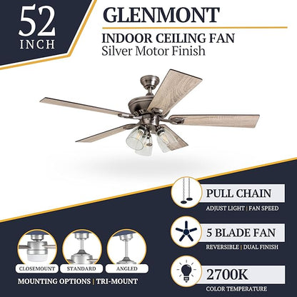 Prominence Home Glenmont, 52 Inch Farmhouse LED Ceiling Fan with Light, Pull Chain, Three Mounting Options, Dual Finish Blades, Reversible Motor - 50388-01 (Pewter)
