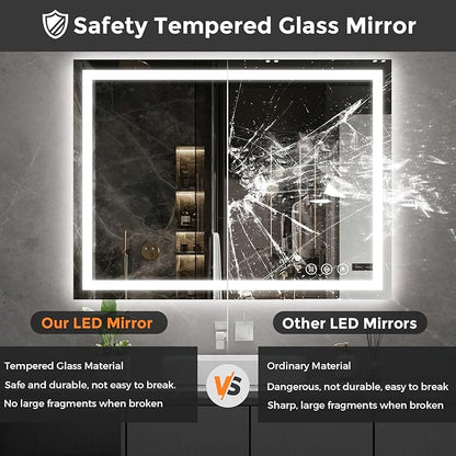 Koonmi 36x48 LED Bathroom Mirror, Backlit + Front Lit, LED Bathroom Mirror with Lights for Wall, 3 Colors, Anti-Fog, Dimmable Brightness, Memory Function, Tempered Glass