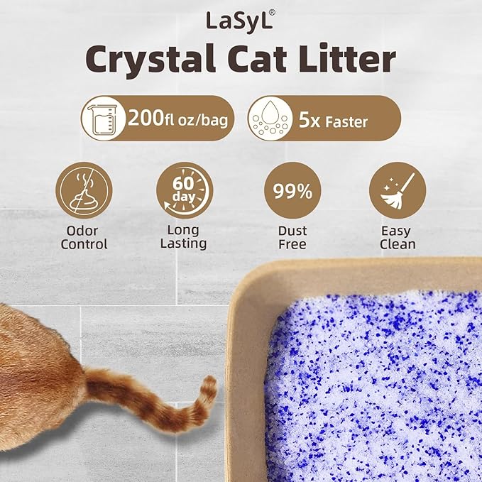 LaSyL Premium Crystal Cat Litter - 34.4 lb, Four Months Lasting - Superior Odor Control & Absorption, Non-Clumping, Low Tracking Silica Gel Safe for Pet, White & Blue (8 Bags of 4.3 lb)-Mewly Pet