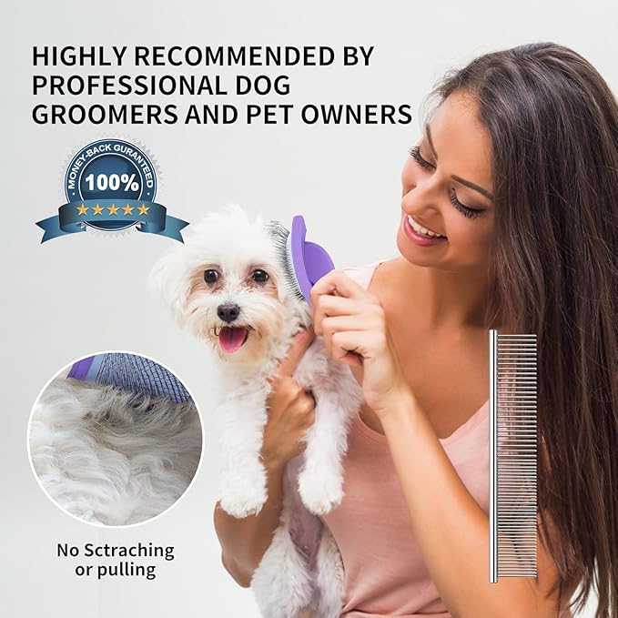 Slicker Brush for Dogs, Long Pin Dog Grooming Brush for Goldendoodles, Poodles, Doodles & More, Includes Bonus Pet Comb, Perfect for De-Shedding, Dematting & Reducing Tangles. Large, Purple-Mewly Pet