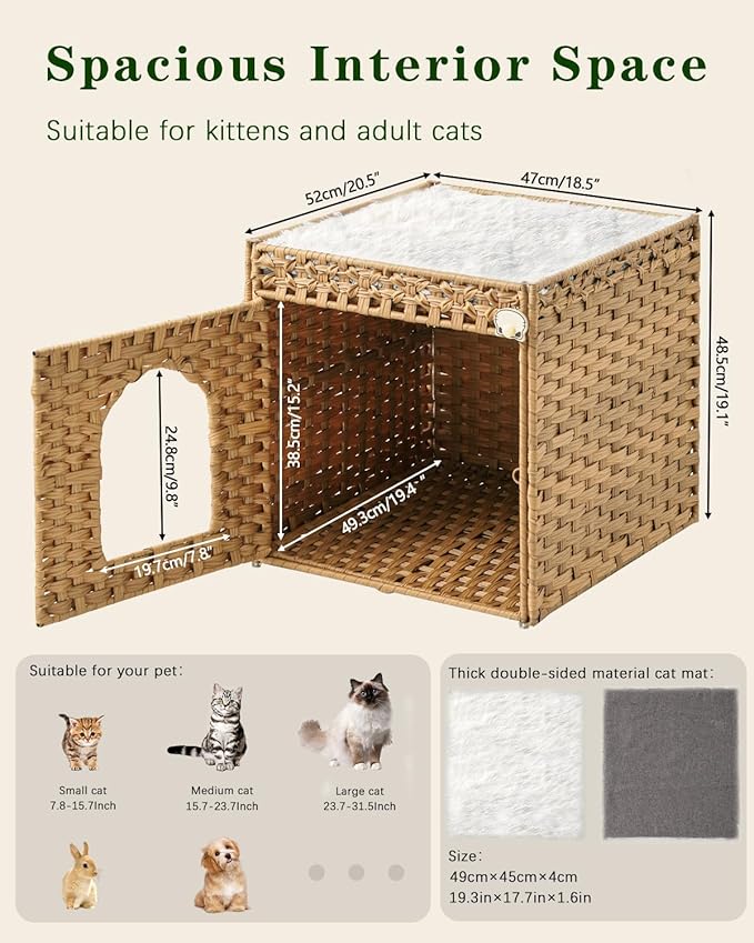 Cat Beds for Indoor Cats Extra Large Double Cat Cave Pet Cube, Handwoven Rattan Cat Houses with Double-Sided Soft Cushions, 18.5 x 20.5 x 19.1 Inches Foldable Hideaway in Living Room Natural-Mewly Pet