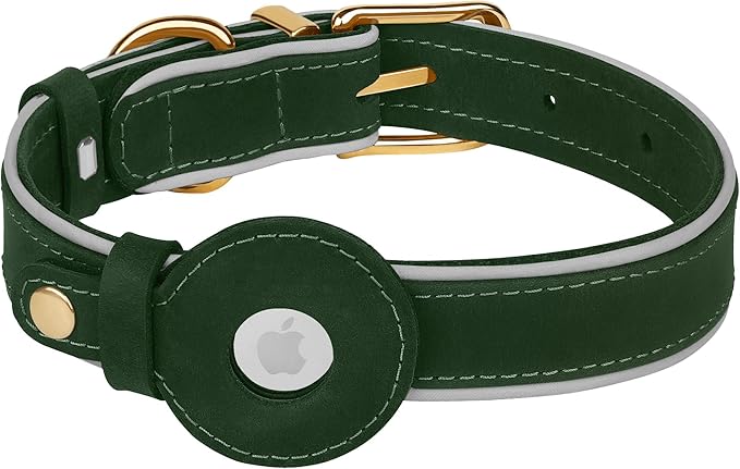 OOPSDOGGY Reflective Geniune Leather Airtag Dog Collar Soft Padded Collars for Small Medium Large Breed Dogs Puppy, 4 Sizes, 7 Colors (Green, XLarge, 19"-24")-Mewly Pet