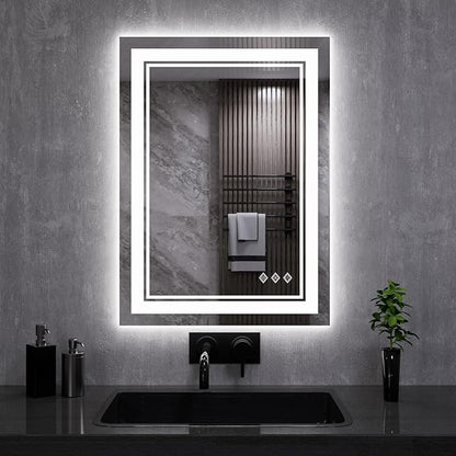 LED Mirror, 20x28 Inch Gradient Front and Backlit LED Bathroom Mirror, 3 Colors Dimmable CRI>90, IP54 Enhanced Anti-Fog Bathroom Mirror with Lights